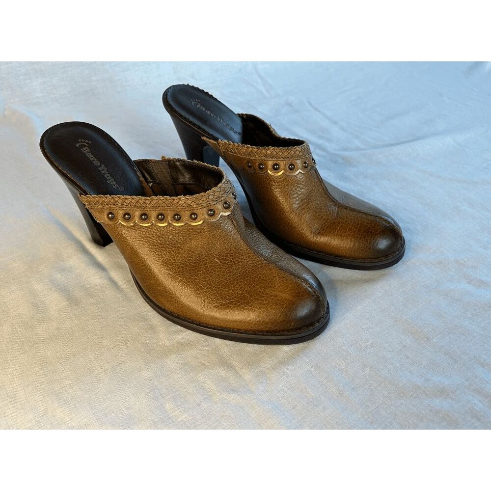Women's Bare Traps Mule/Clog Heeled Shoes, Brown Leather Size 8.5 Slip-on